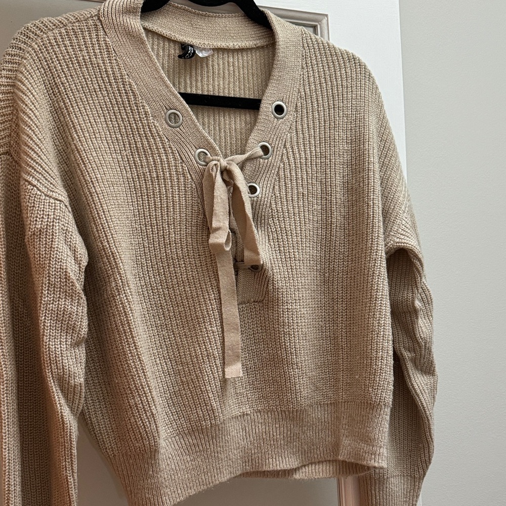 H&M Beige Lace-Up V-Neck Sweater